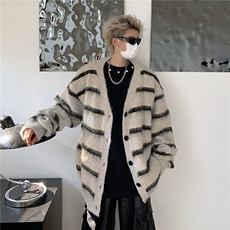 秋季开衫毛衣男撞色条纹慵懒风休闲宽松情侣针织衫外套潮，男装针织衫/毛衣，星座716-4
