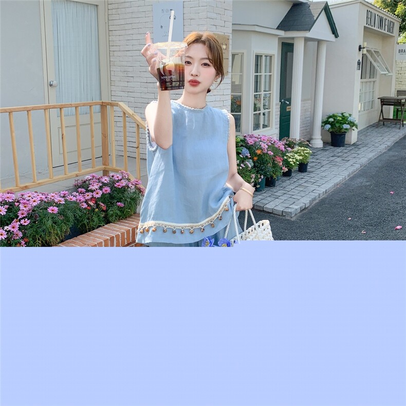 蓝色休闲松弛感套装女2025夏季新款气质时尚亮片背心阔腿裤两件套图片