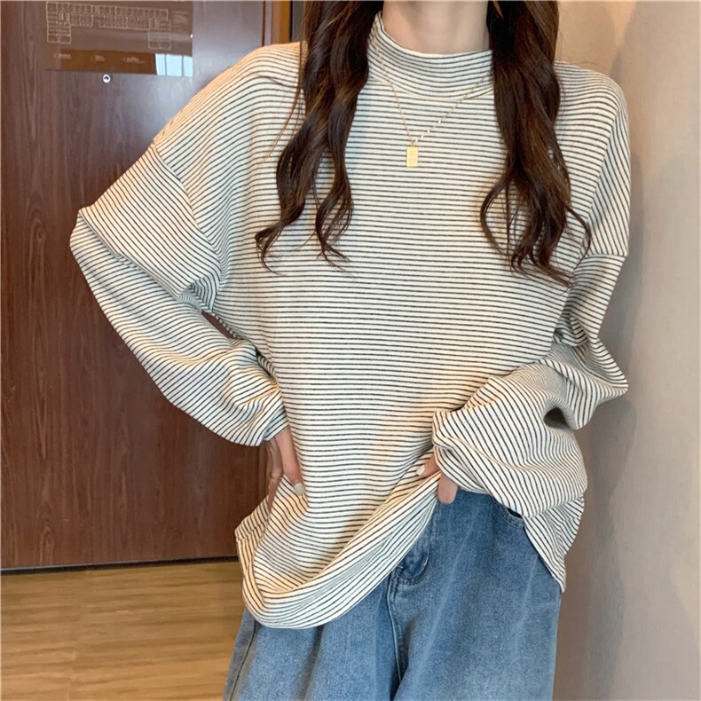 MN1030-P48秋冬半高领宽松条纹加厚上衣春秋长袖T恤女ins,针织衫/毛衣,星座617A-2