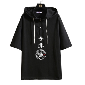 LD54070-P45 连帽短袖t恤男大码胖子带帽五分袖中袖 砖墙挂拍图片