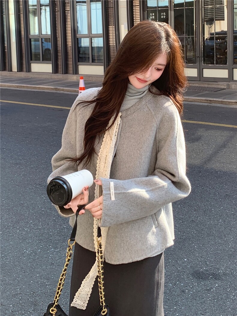 现货双面羊毛呢主推款蕾丝蝴蝶结羊毛女士短外套,女装毛呢外套,SL