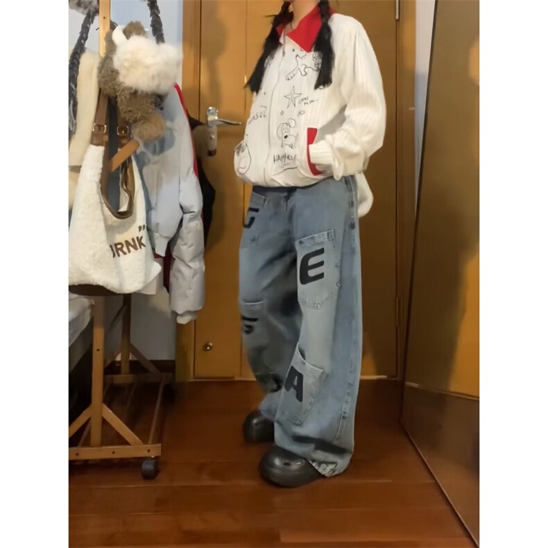 小众美式覆古字母刺绣多口袋工装牛仔裤男女宽松阔腿弯刀裤,男装牛仔裤,四季星座505