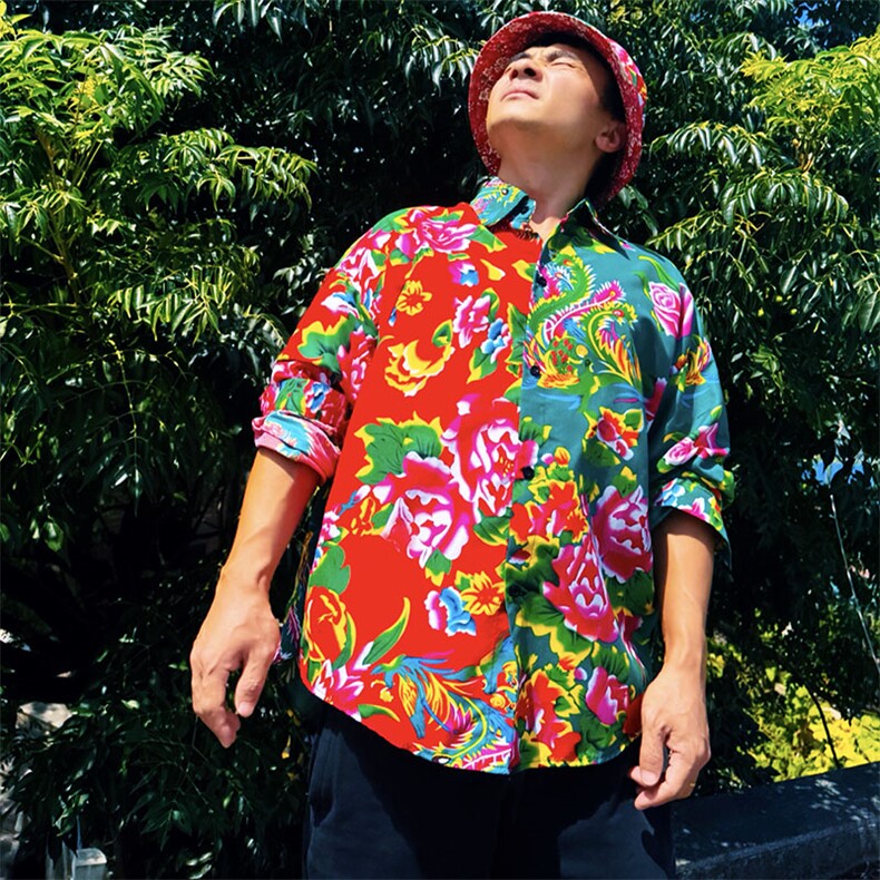 PC203长袖拼接东北大花风民族牡丹大花撞色AB版衬衫团队表演，男装民族服装，星座115A(原星座507）