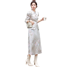 现货时尚提花套装裙2024年秋季新款女盘扣两件套装裙，女装套装/套裙，天丽