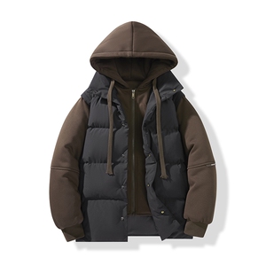 新款假两件棉服男加厚羽绒棉衣情侣款连帽拼色连帽外套M092-P75图片
