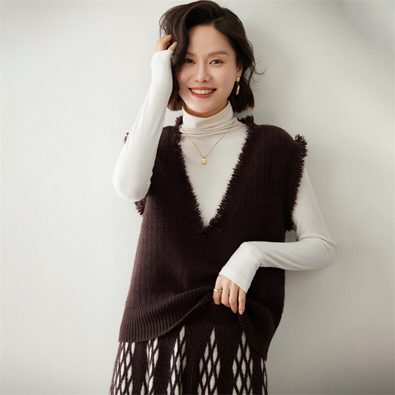 时尚流苏边羊绒马甲女V领显瘦百搭针织背心外套,女装马甲,迎冬羊绒