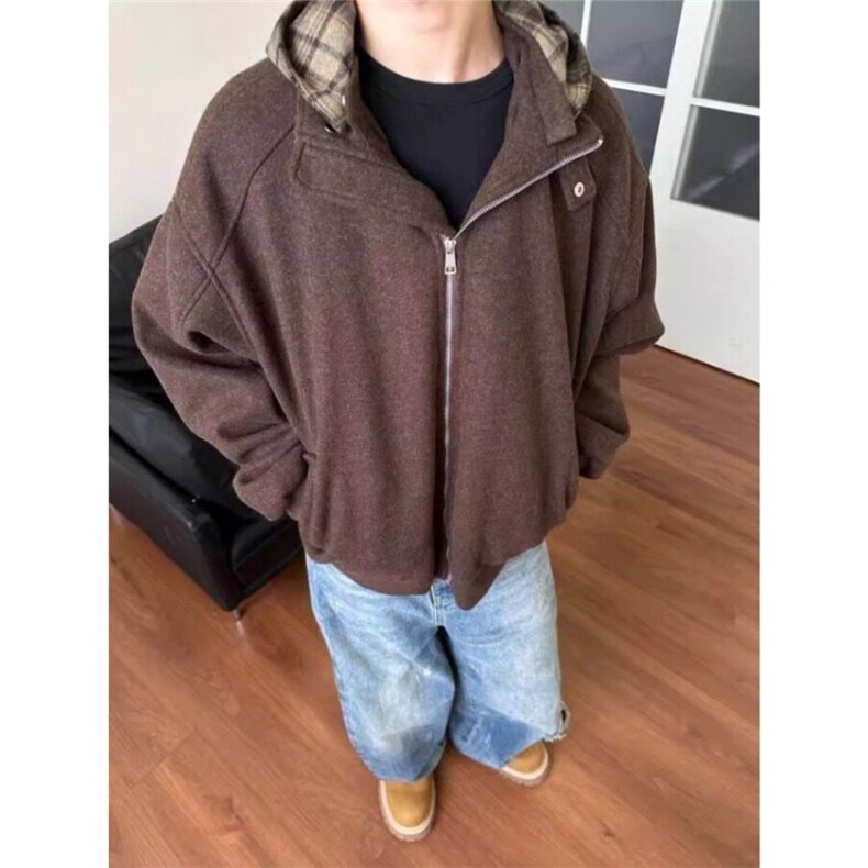【有货】D8896-P105美式复古格子毛呢连帽外套男秋冬款假两件棉服图片