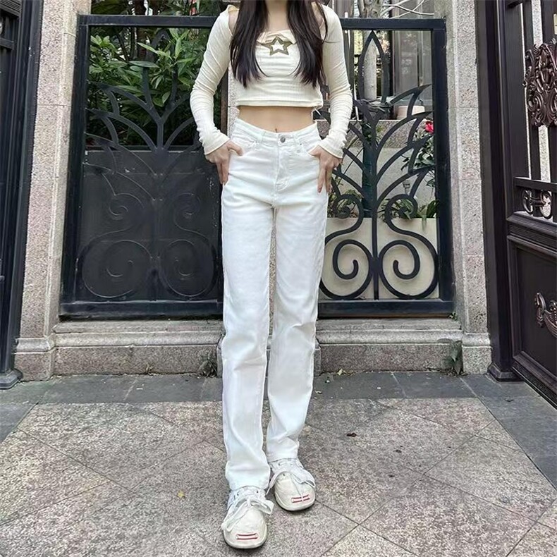 白色窄版阔腿直筒牛仔裤女2025春季新款高腰显瘦加长堆堆烟管裤子,男装牛仔裤,星座506A