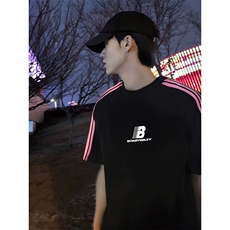 抖音得物品质二开240克宽松纯棉美式潮牌印花三条杠中性风短袖T恤，男装T恤，电商A486-1
