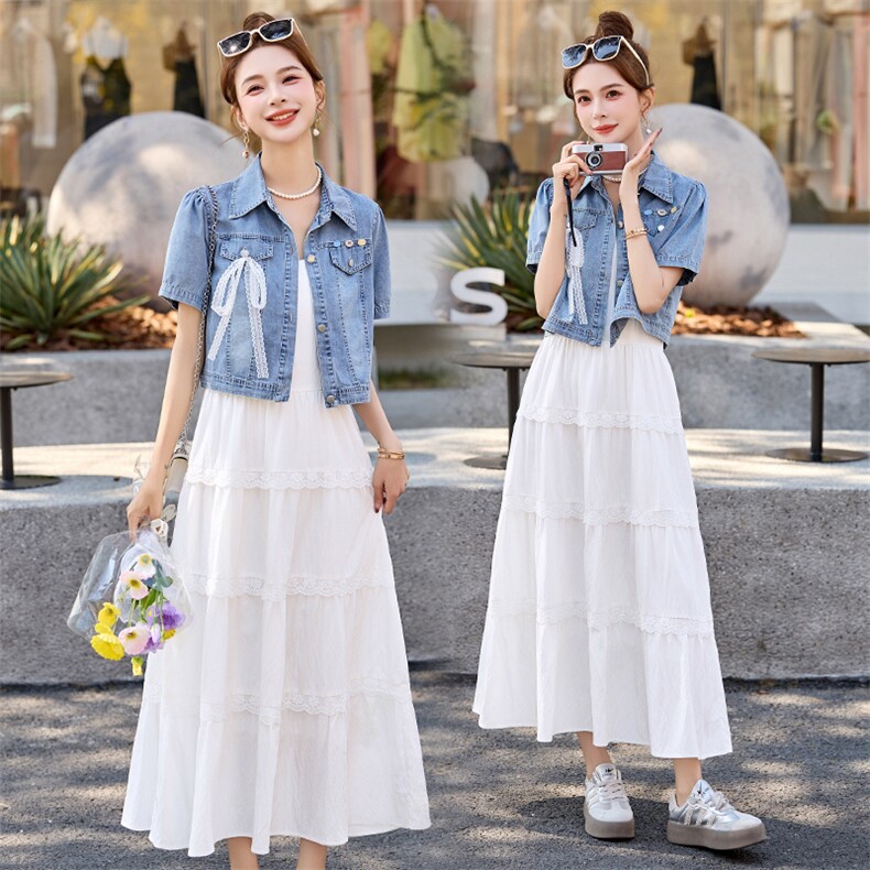 蕾丝牛仔外套蛋糕吊带裙套装2025新款女春秋小个子绝美法式连衣裙，女装套装/套裙，布芭啦
