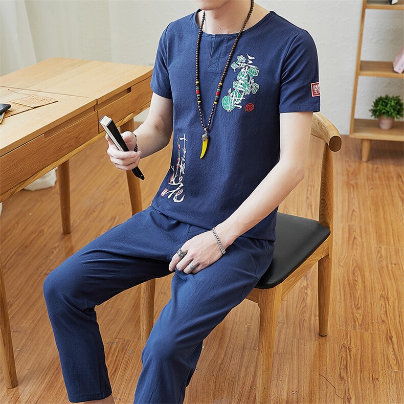 T085中国风棉麻套装休闲修身男士套装装1115--1--T085,男装休闲套装,星座1115-1