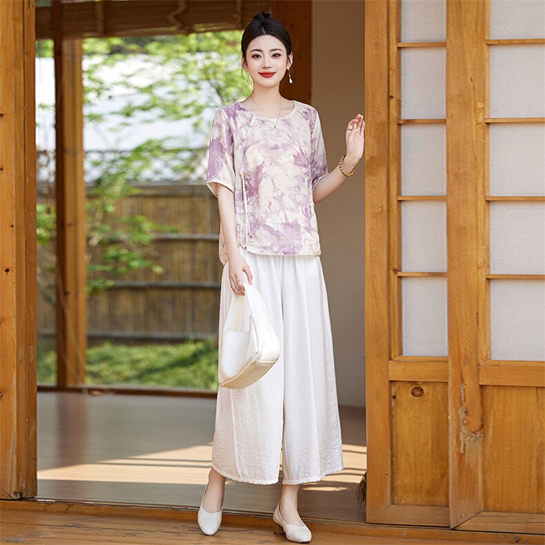 亚麻休闲裤套装女复古两件套高端苎麻印花上衣新款夏装棉麻短袖,女装套装/套裙,衣之秀