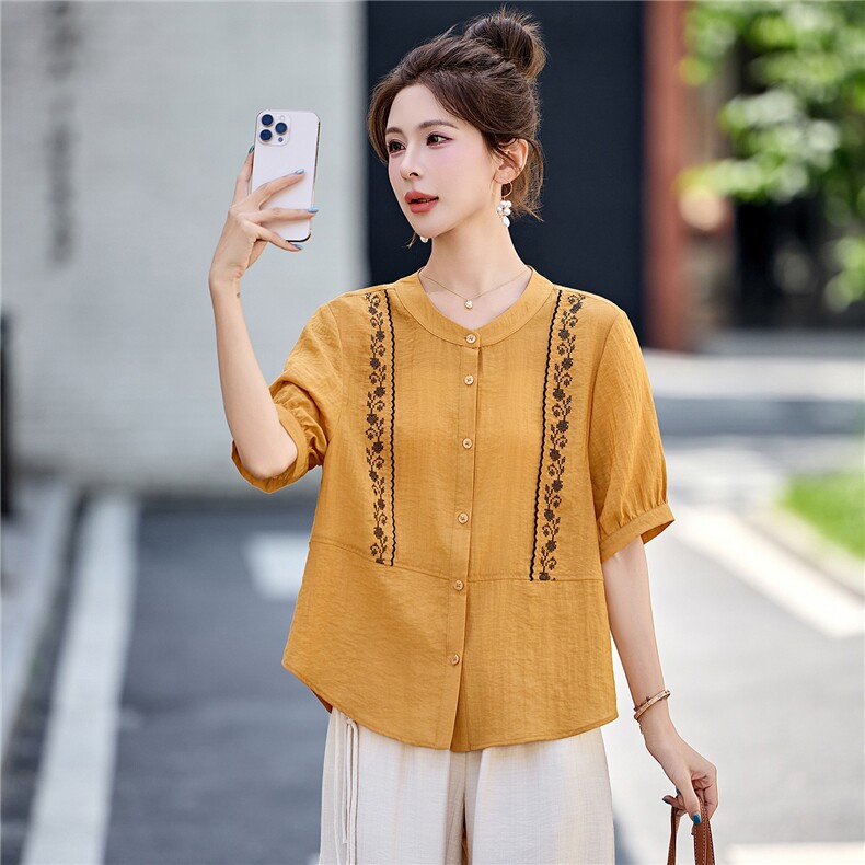 凤玖2026刺绣天丝上衣女夏季薄款中袖衬衫中老年妈妈T恤，女装衬衫，凤玖服饰