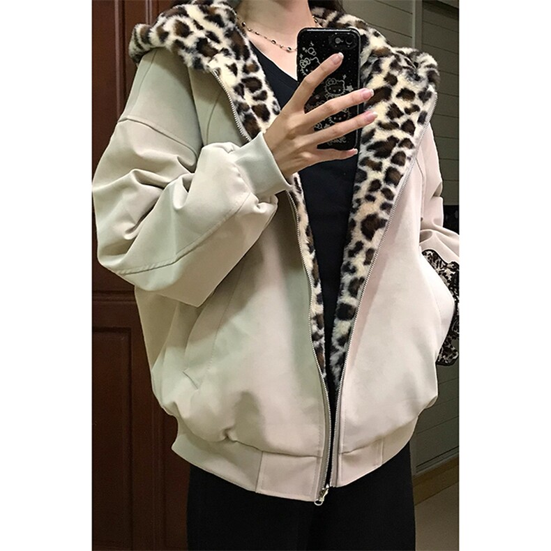 美式连帽座山雕夹克棉服男款冬季加厚保暖棉衣双面穿豹纹皮衣外套,男装夹克,四季星座505