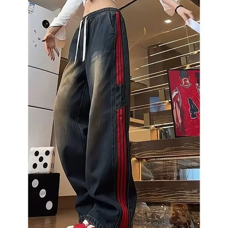 美式复古牛仔裤男款秋冬潮牌痞帅vibe风大码直筒宽松条纹阔腿裤子,男装牛仔裤,星座1210-1