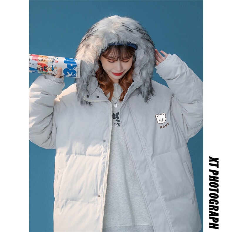 中性风22冬季港风小熊印花宽松百搭连帽棉衣外套MY2062P135控158，男装棉衣，A247A