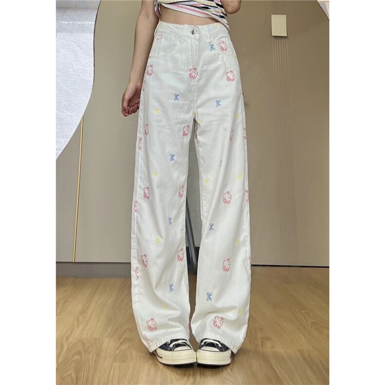 可爱刺绣kitty猫牛仔裤女2025新款夏季薄款高腰阔腿宽松直筒裤子,男装牛仔裤,星座1210-1