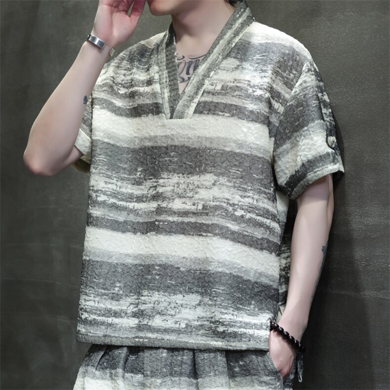 2025夏季新款风男装衬衣新中式金属盘扣水墨复古衬衫 C96-P60图片