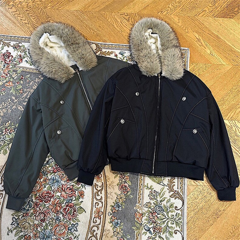 现货重磅boxy短款棉衣座山雕大毛毛领男女棉服水洗工装厚外套，男装棉衣，电商A486