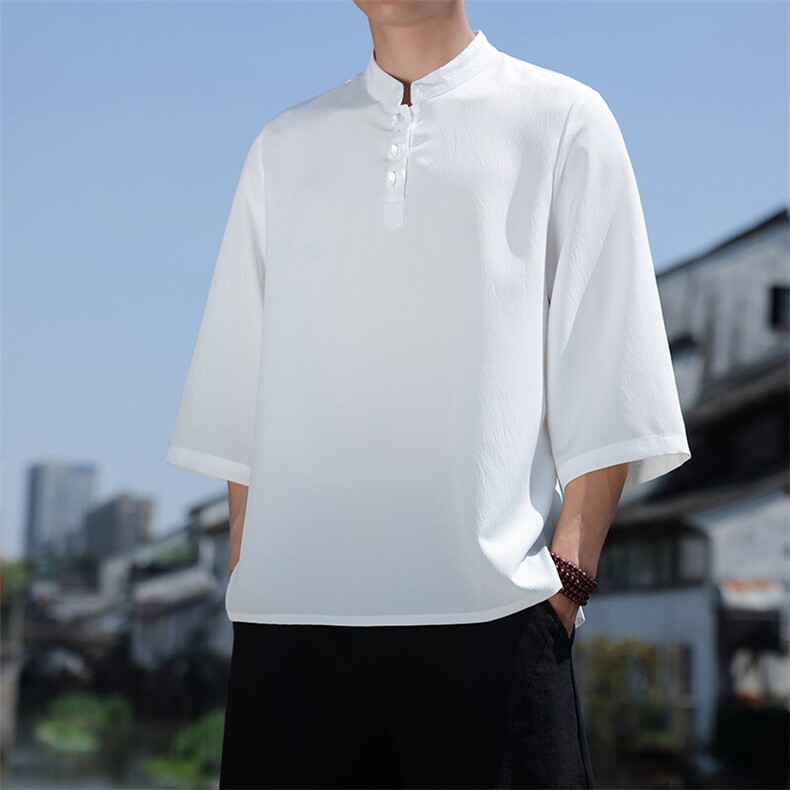 2025新款夏季风纯色立领上衣盘扣休闲T恤宽松潮流男T2505-P45,男装T恤,电商A008