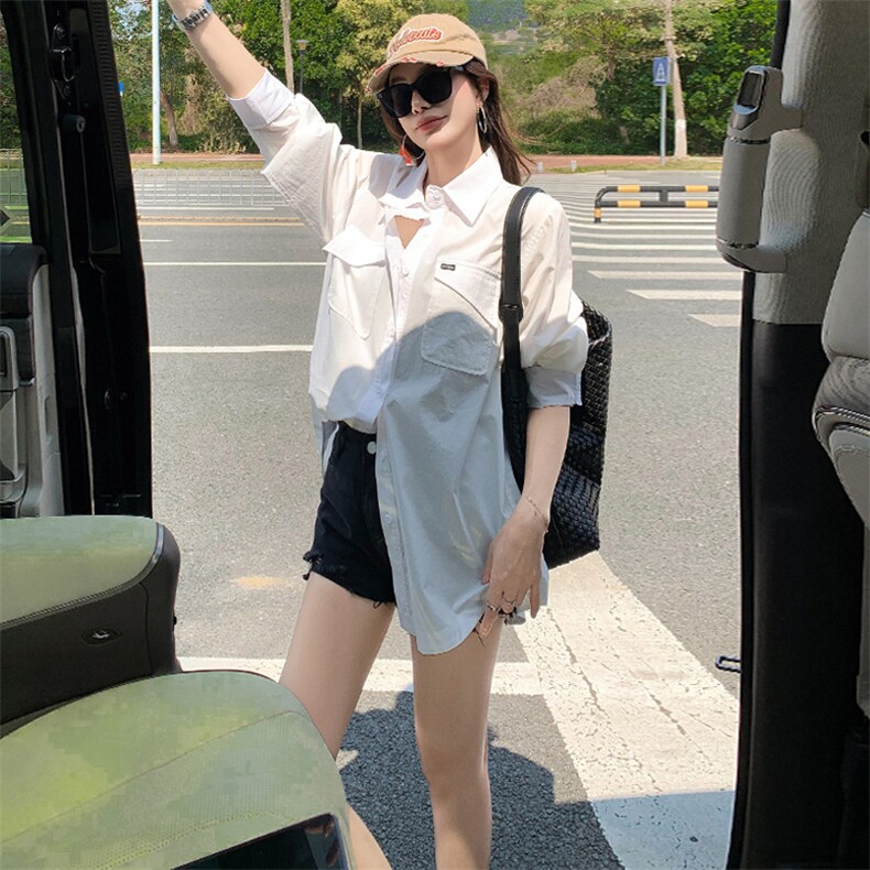韩系潮流纯色长袖上衣女春季新款翻领单排扣休闲宽松减龄叠穿衬衣,女装衬衫,江南