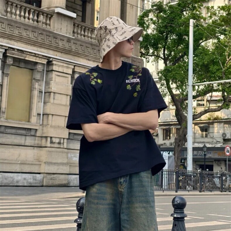 万针全刺绣工艺抖音得物高品质260克重磅纯棉双纱美式高街短袖T恤,男装T恤,电商A486-1