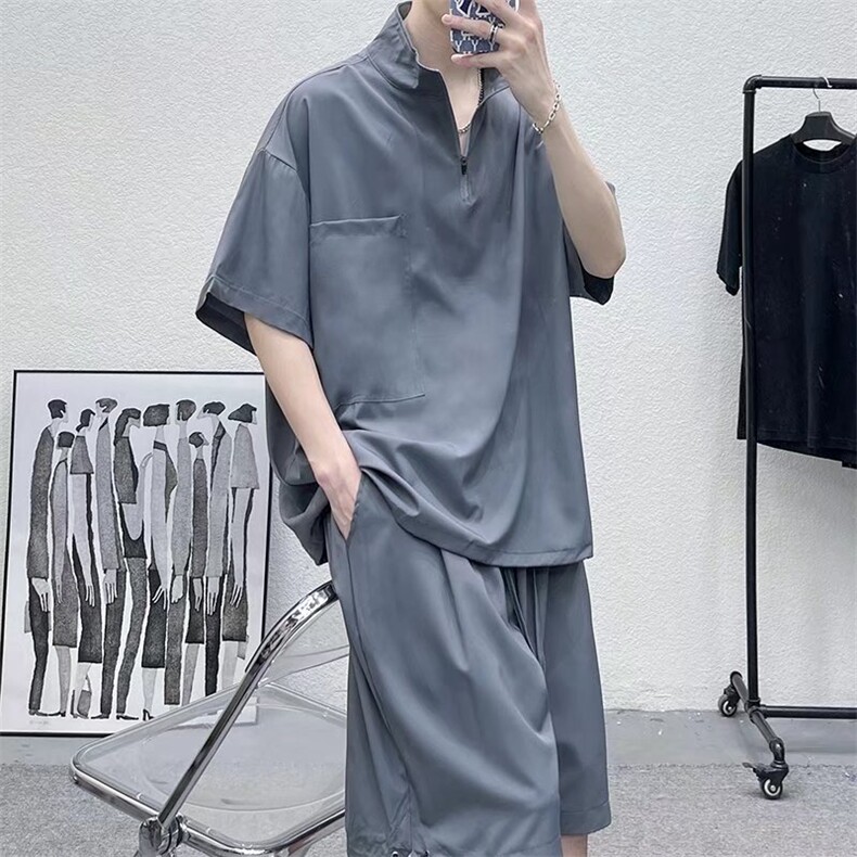 男潮流休闲套装宽松套装冰丝衬衫套装CS014P44,男装休闲套装,星座1116-2