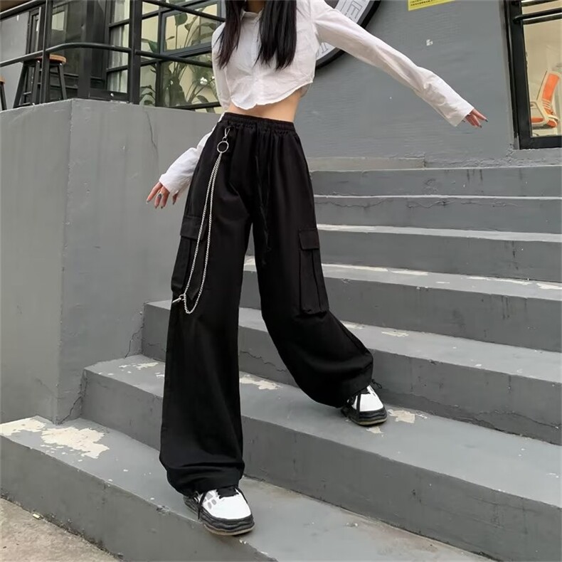 垂感拖地工装裤女高腰显瘦直筒阔腿裤高街hiphop裤子潮CK103-P50,男装休闲裤,星座1008