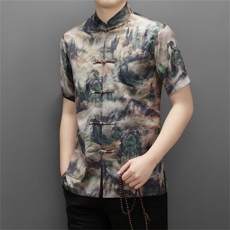 男士新款风山水墨花立领盘扣夏季衬衫,男装衬衫,钱塘6003（原4033）