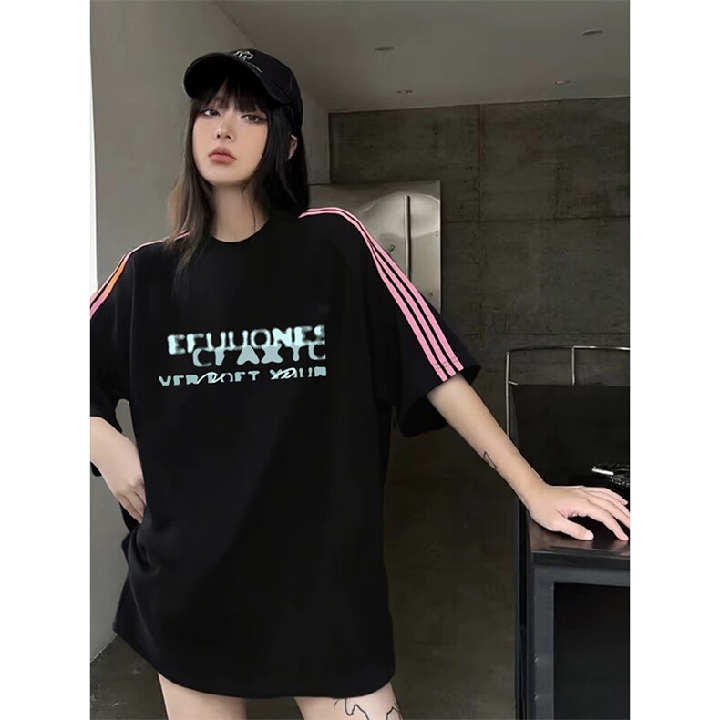 抖音得物品质二开240克宽松纯棉美式潮牌印花三条杠中性风短袖T恤,男装T恤,电商A486-1