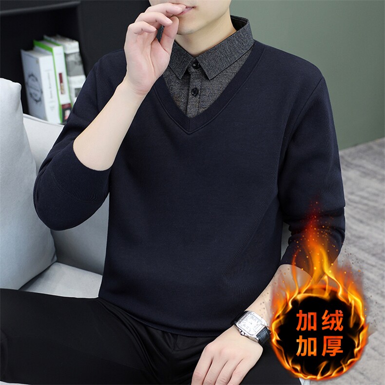 秋冬季男士假两件针织百搭衬衫领外套男毛衣内搭T恤 9076加绒-P28图片
