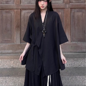 夏季山本耀司风汉服上衣女新中式绑带短袖衬衫外套中性阔腿裤裙图片