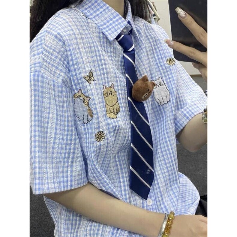TC521-P45复古刺绣衬衫夏季学院风宽松显瘦百搭情侣衬衣图片