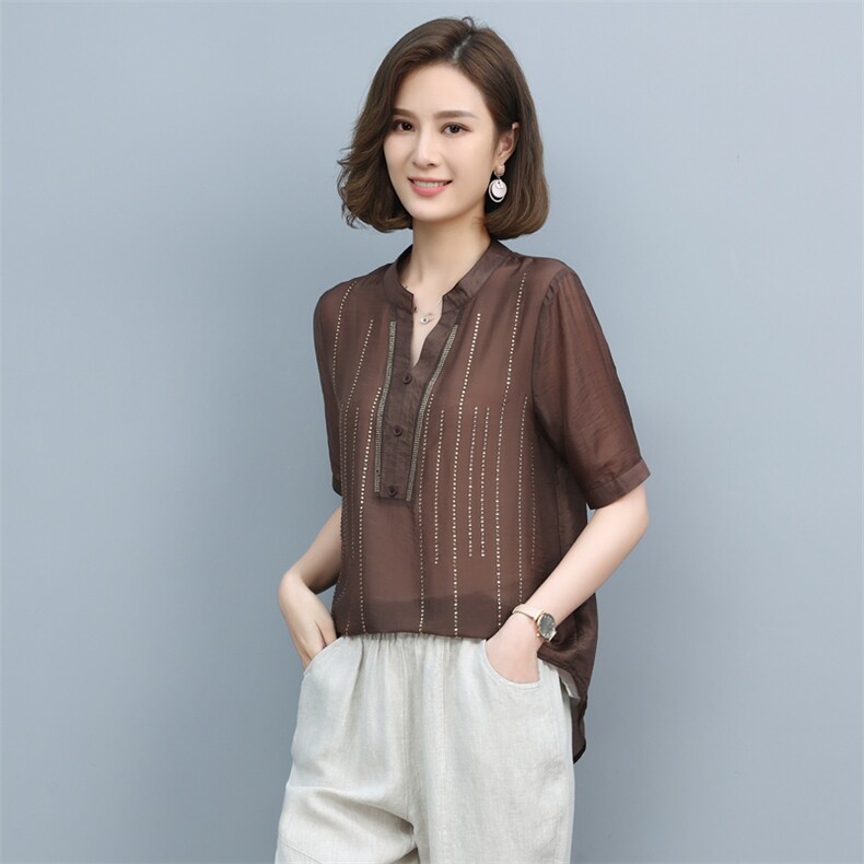 时尚休闲镶钻V领上衣女夏季新款宽松显瘦短袖雪纺衫气质百搭衬衣,女装衬衫,依恋蒂丝