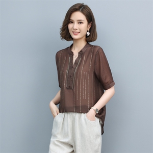 时尚休闲镶钻V领上衣女夏季新款宽松显瘦短袖雪纺衫气质百搭衬衣图片