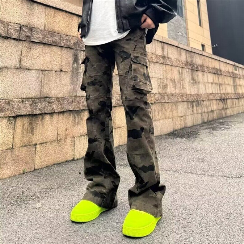 潮牌痞帅迷彩直筒工装裤男款春季裤子微喇vibe弯刀修身百搭牛仔裤，男装牛仔裤，星座1008