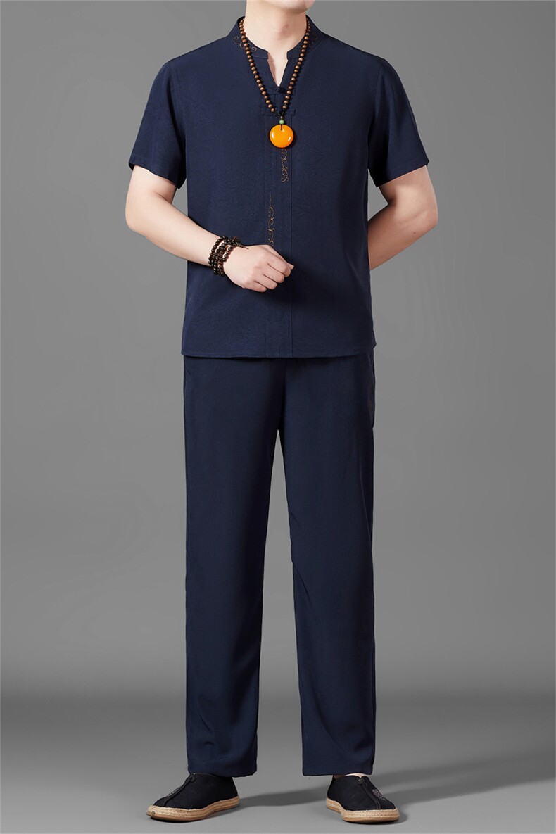 风唐装短袖衬衫男夏季中老年风中式长裤套装MJ5107T-P97,男装衬衫,星座1105-3