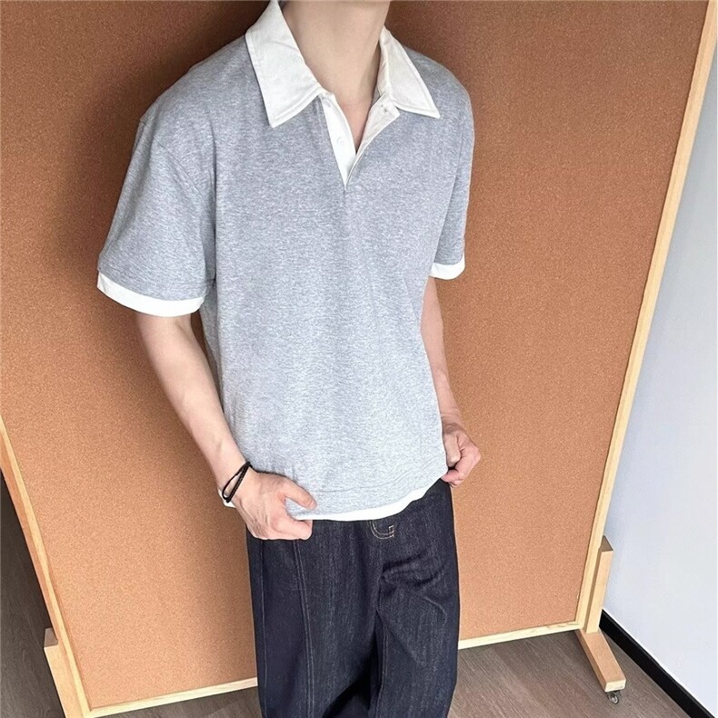 新款日系复古假两件撞色翻领短袖polo衫宽松休闲百搭半袖TA70-P50,男装T恤,星座208-5