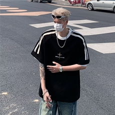 三条杠拉链露锁骨男女t恤重磅痞帅cleanfit短袖情侣七分袖~DX2501，男装T恤，星座601-2