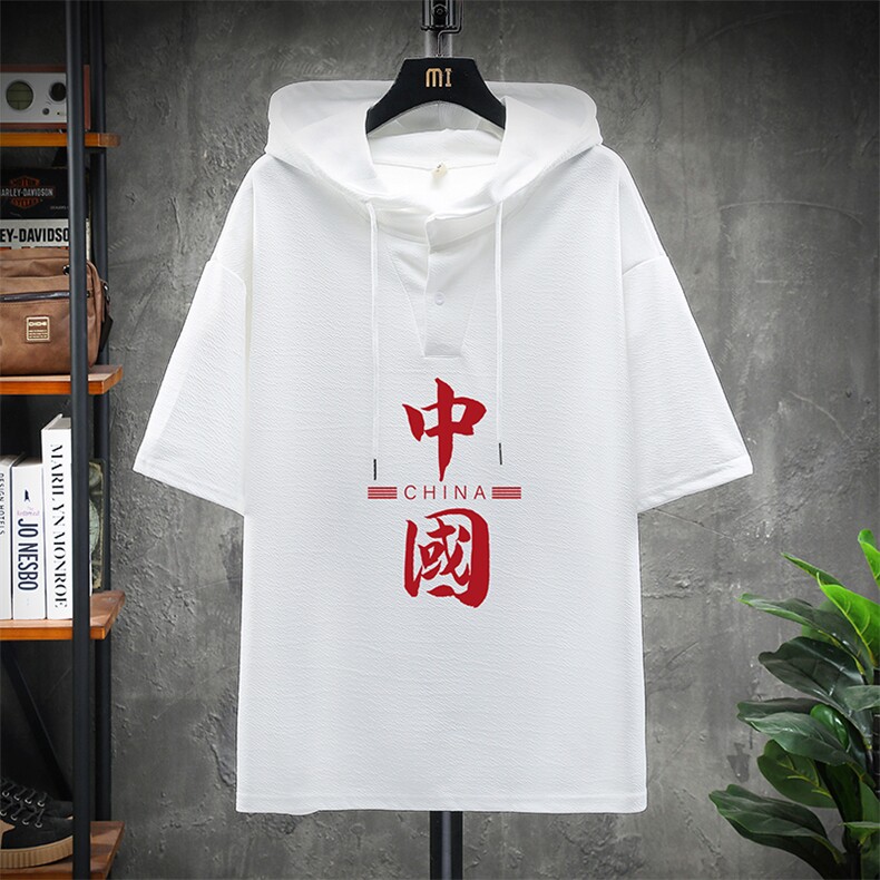 LD54198-P45 连帽短袖t恤男大码胖子带帽五分袖中袖 展架图片