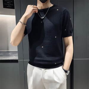 男士绣花针织衫半袖时尚圆领紧身半截袖丝光棉短袖毛衣 M865图片