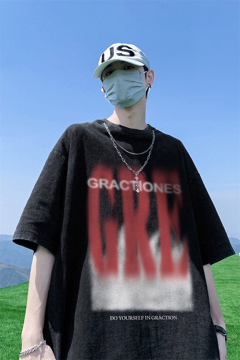 港风新款夏季时尚百搭高阶宽松圆领情侣短袖T恤DT353P45控68,男装T恤,电商A247