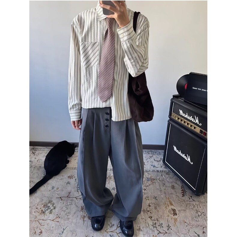 条纹衬衫外套男潮流痞帅宽松休闲少年感简约长袖衬衣WLCS911-P40,男装衬衫,星座1008