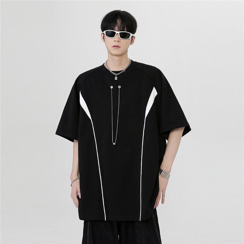 2025潮牌美式拼接金属设计感插肩袖高街短袖T803-P38,男装T恤,电商C307