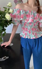 夏季新款牛津收腰显瘦花上衣一字肩荷叶边,其它,新袖