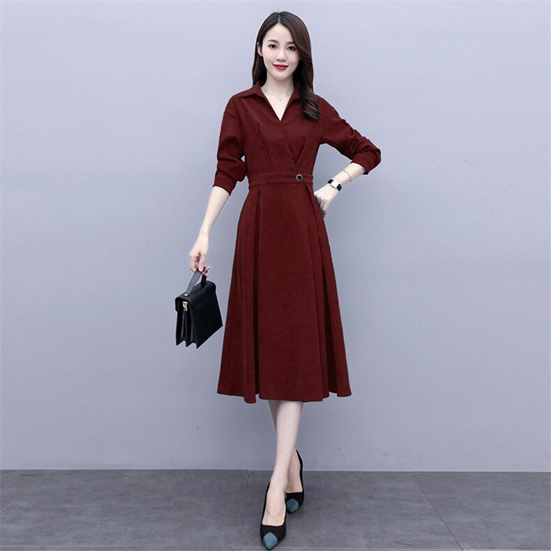 2021春秋季新款优雅时尚气质V领连衣裙,女装连衣裙,岚衣(原川流布茜）