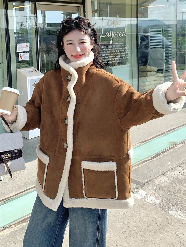 减龄两面穿咖色皮毛一体外套女冬季2025新款羊羔毛小个子加厚棉服,女装羊羔毛/颗粒绒,秀美人生