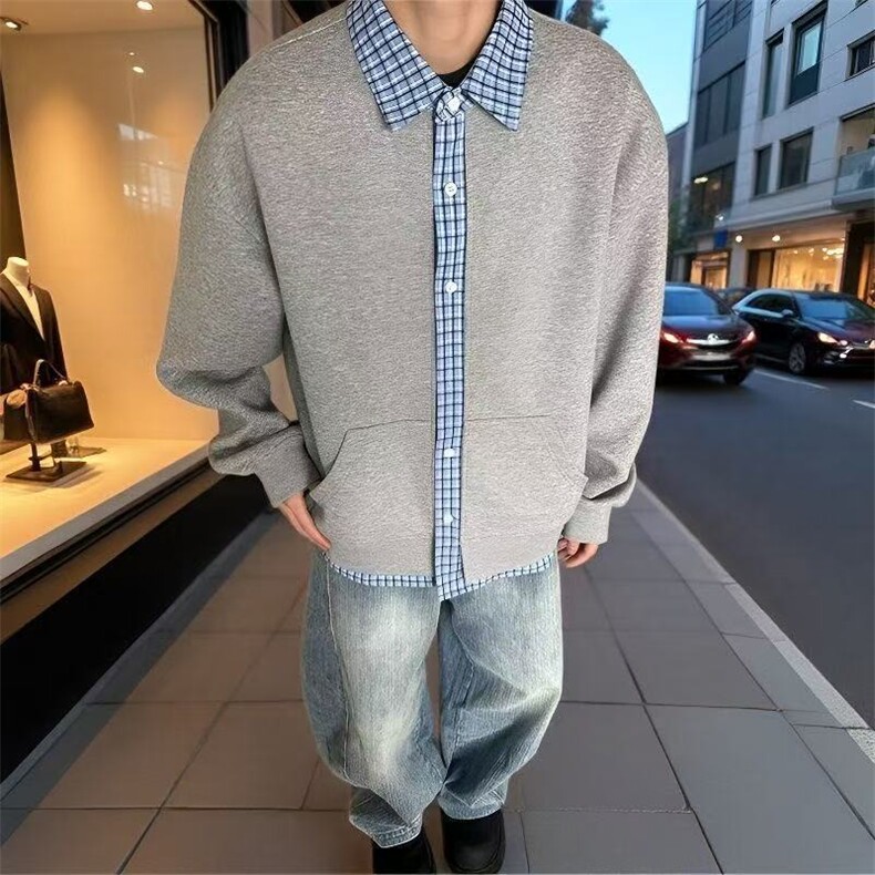 1506/Q8170/P44假两件拼接格子翻领卫衣图片