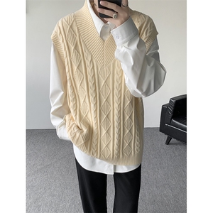 韩系叠穿复古麻花针织衫马甲男学院风早秋穿搭上衣服背心9097P58