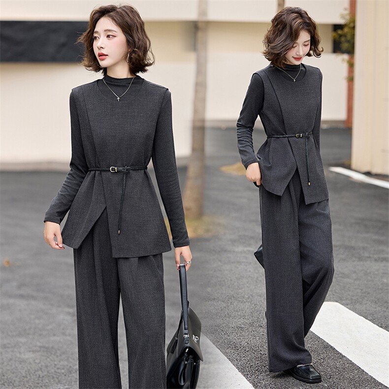 高级感灰色马甲阔腿裤三件套女2025春秋新款气质超好看搭配一整套,女装套装/套裙,流量+